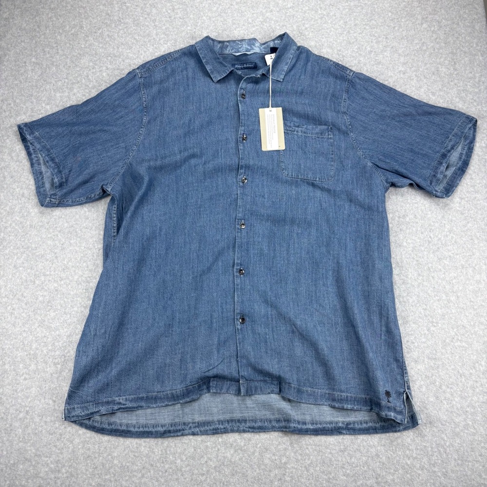 Tommy Bahama Button Down Shirt Mens XXL Blue Indigo Short Sleeve Linen Tencel